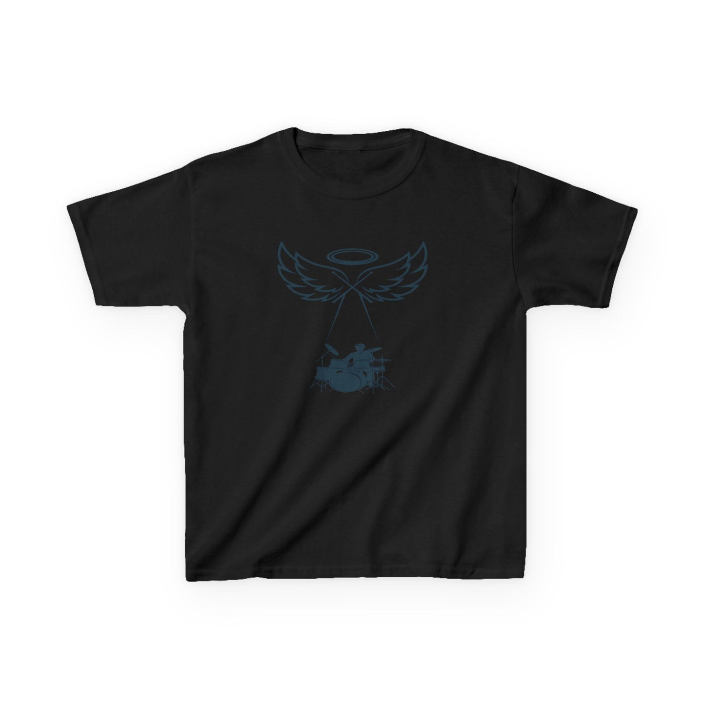 Black t-shirt with blue angel wings and halo design on a white background