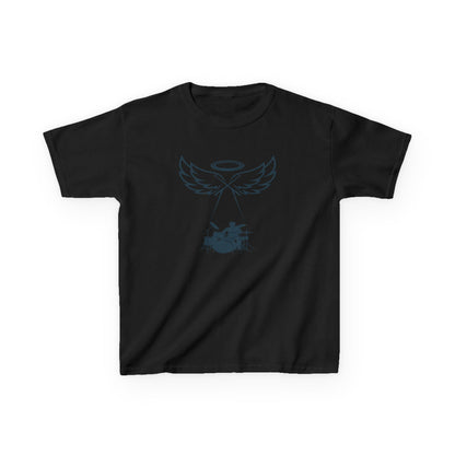 Black t-shirt with blue angel wings and halo design on a white background