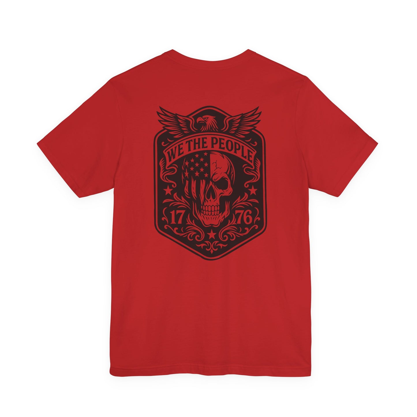 Red t-shirt with black graphic design on the back featuring a skull and text.
