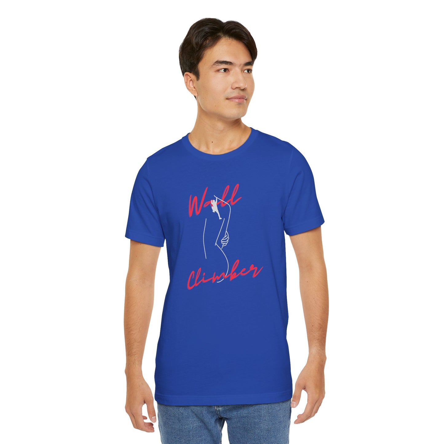 Man wearing a blue t-shirt with 'Wall Climber' design on a white background