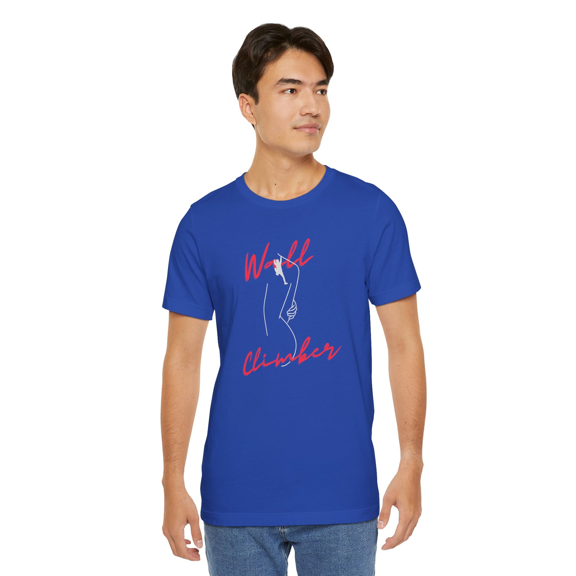 Man wearing a blue t-shirt with 'Wall Climber' design on a white background