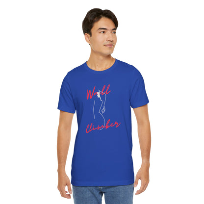 Man wearing a blue t-shirt with 'Wall Climber' design on a white background