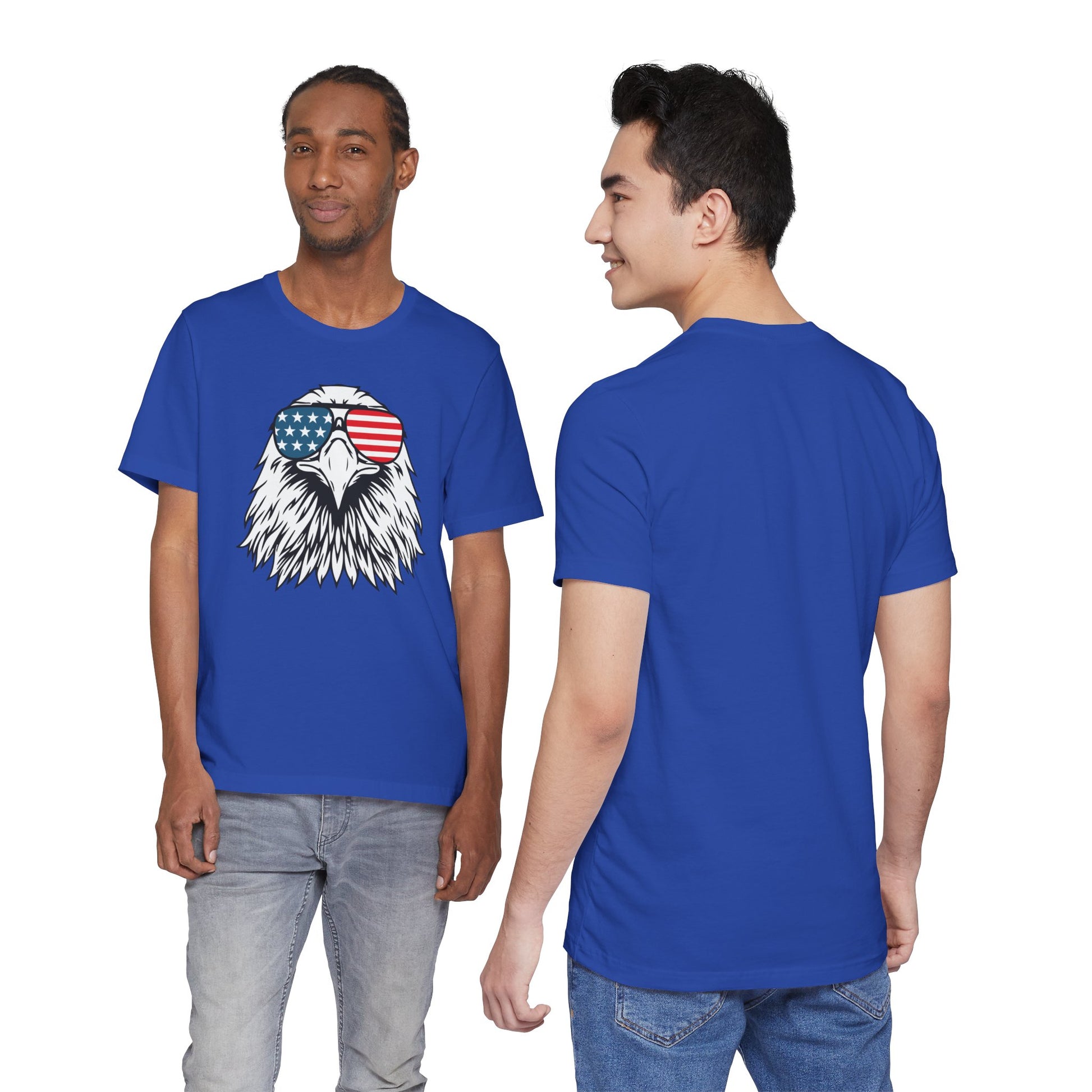 Blue t-shirt with an eagle design featuring an American flag, worn by two models on a white background.