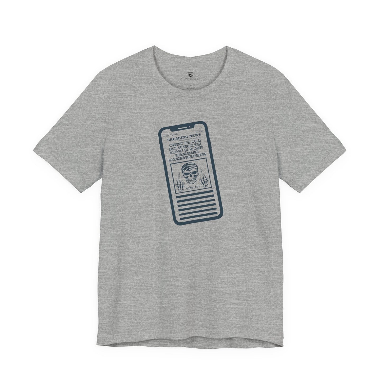 Gray t-shirt with a graphic design on a white background