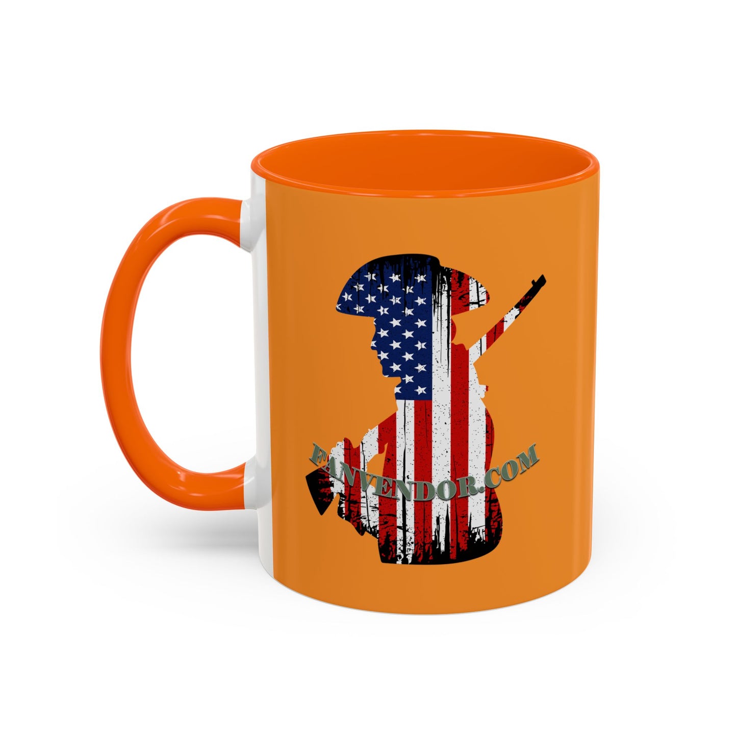 Orange mug with American flag design and text on a white background
