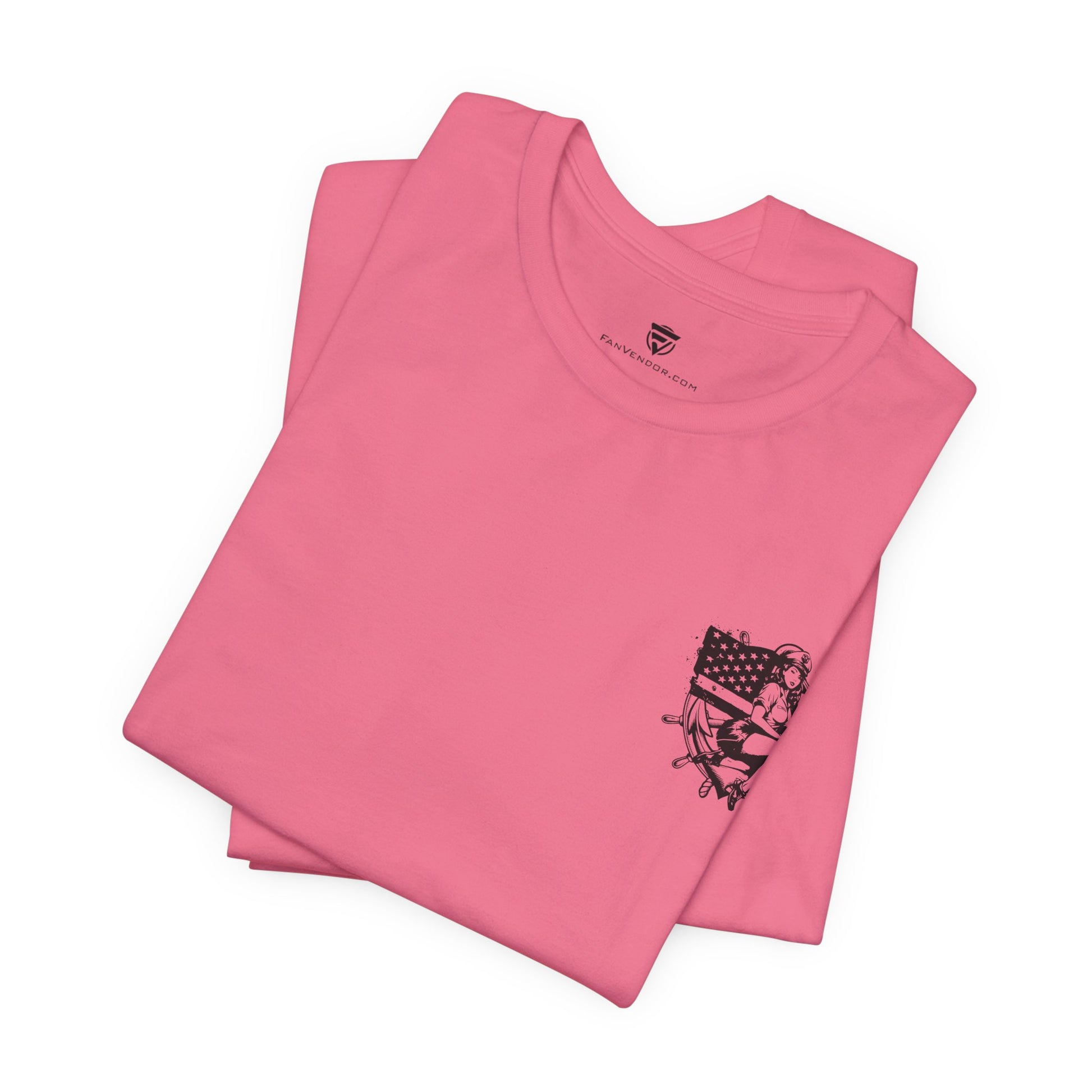 Folded pink t-shirt with a black graphic on a white background