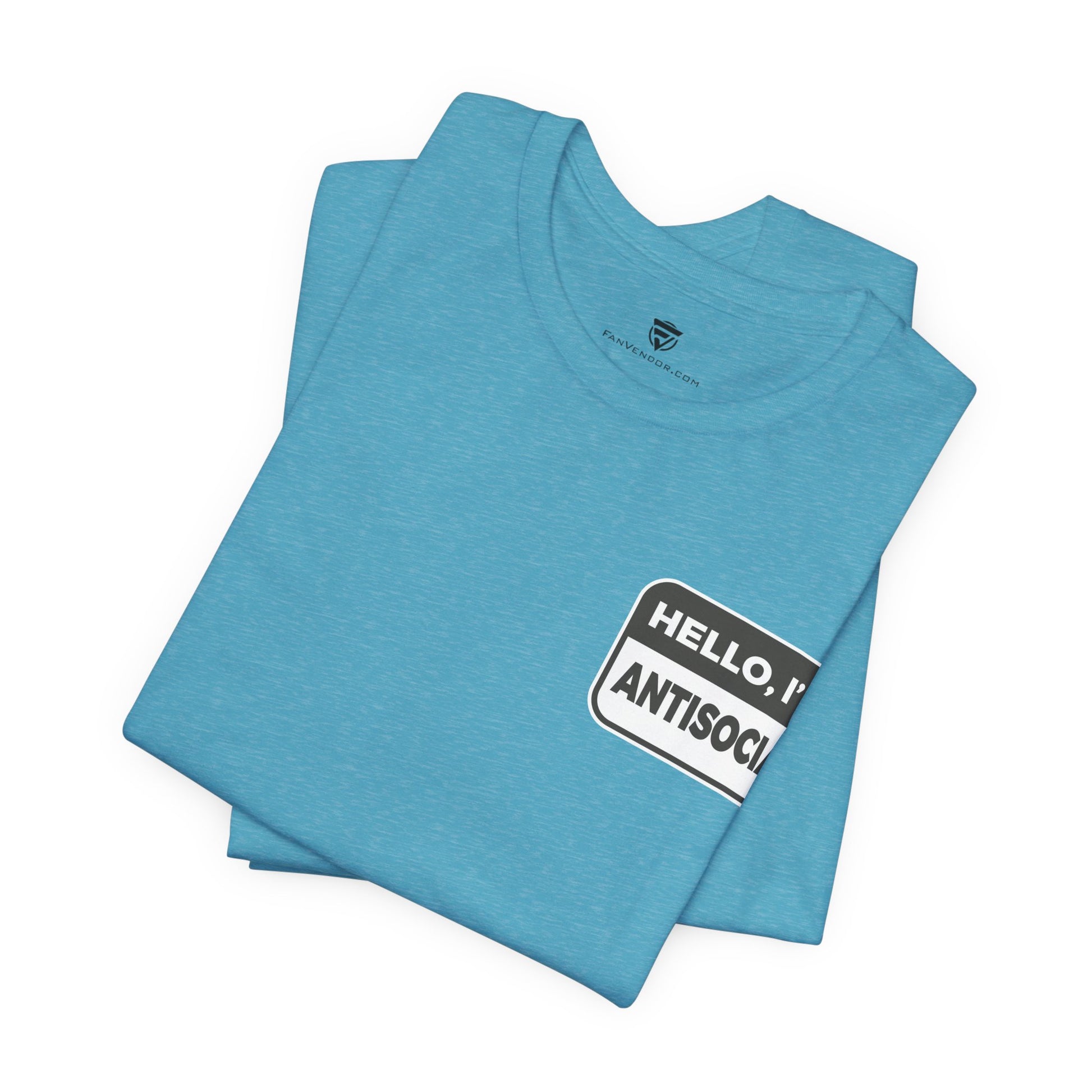 Folded blue t-shirt with 'HELLO, I'M ANTISOCIAL' text on a white background