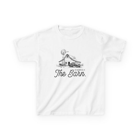 White t-shirt with a graphic of a barn and text on a white background
