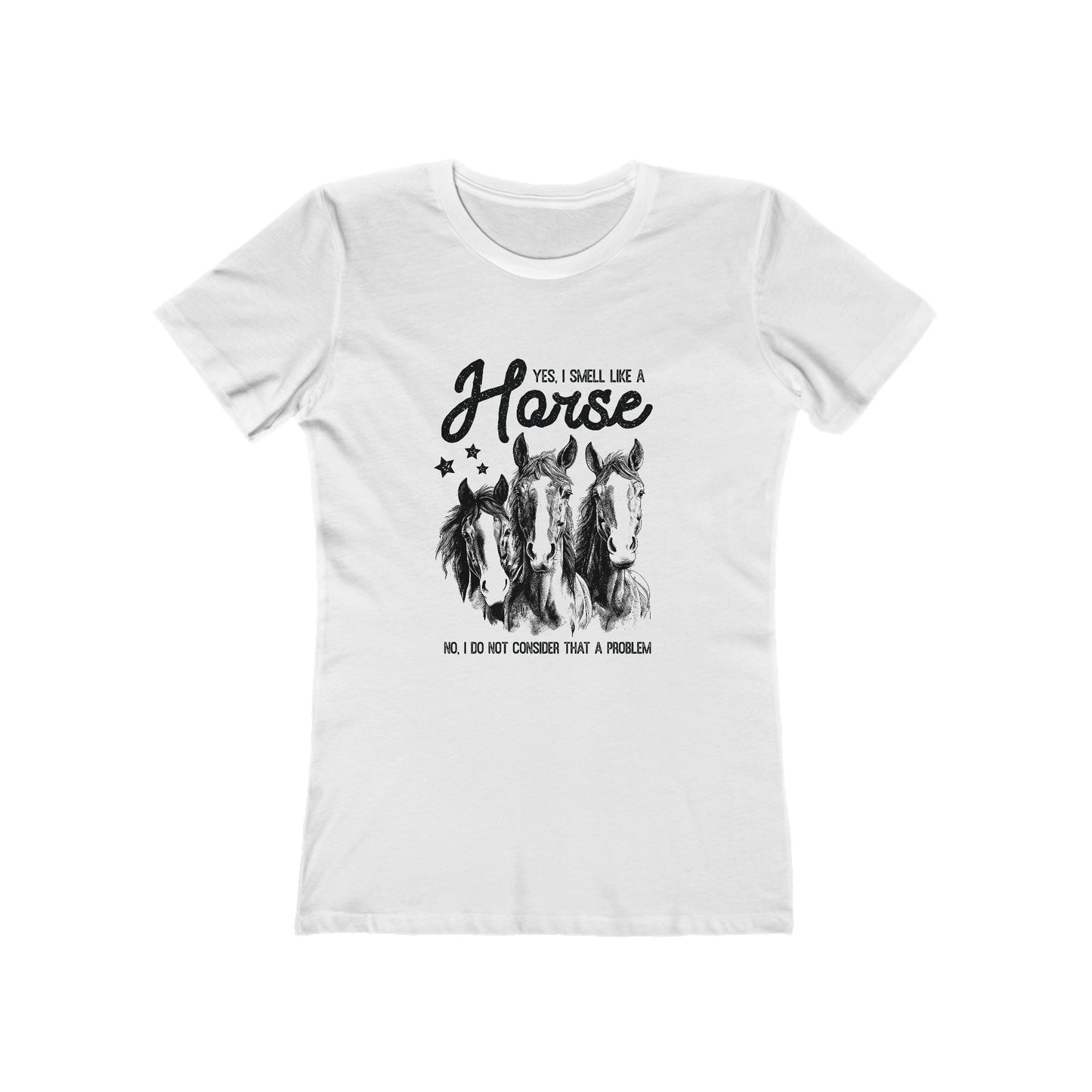 White t-shirt with black horse graphic and text on a white background