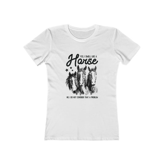 White t-shirt with black horse graphic and text on a white background