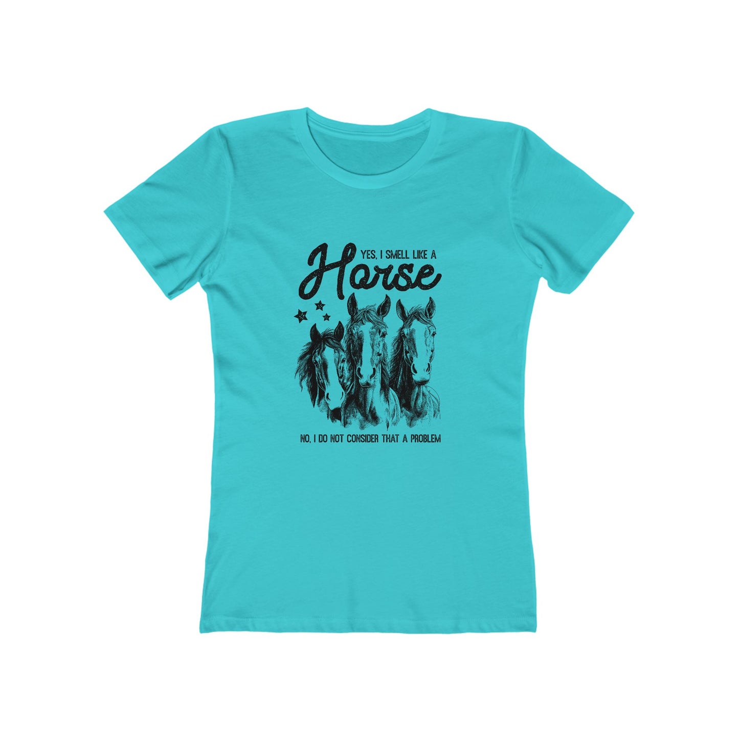 Turquoise t-shirt with horse graphic and text on a white background
