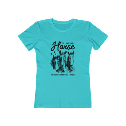 Turquoise t-shirt with horse graphic and text on a white background
