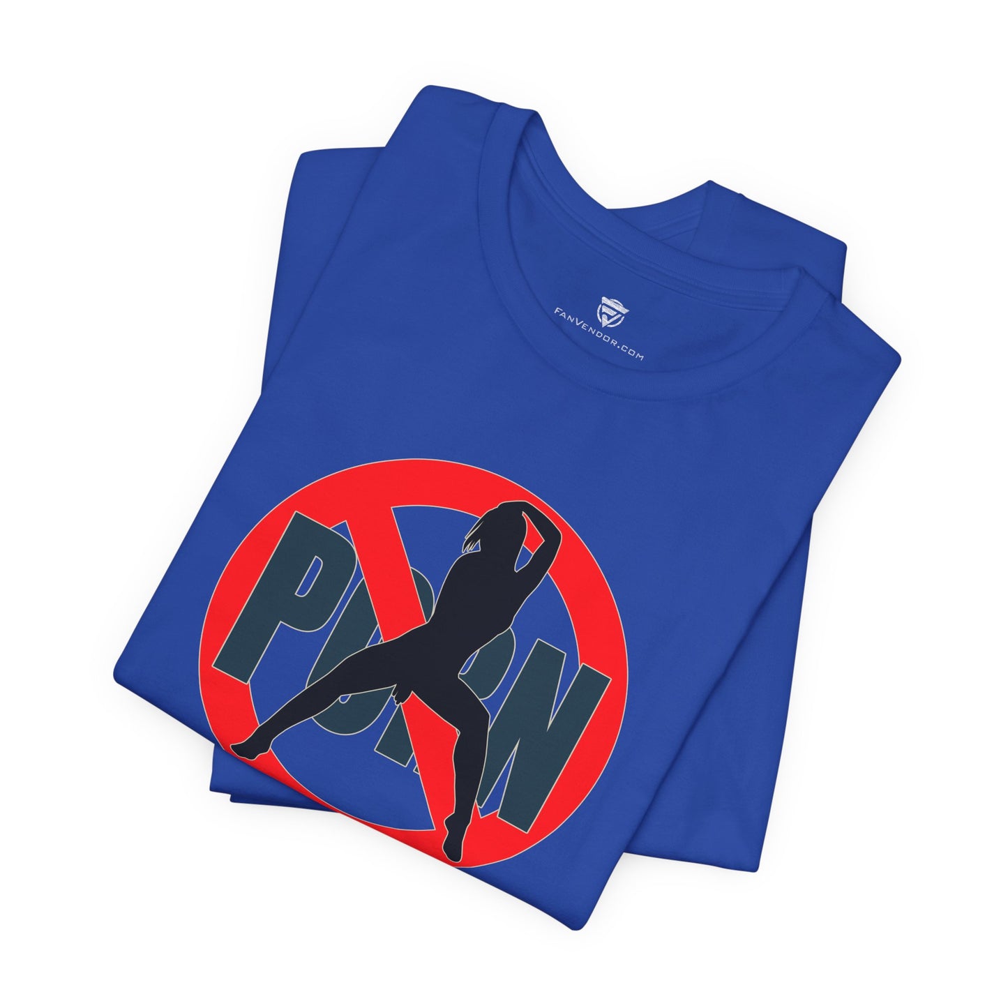 Blue t-shirt with a graphic design featuring a silhouette and 'PORN' text on a white background