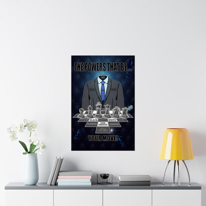A framed wall art print featuring a dark suit and tie with chess pieces and the text.