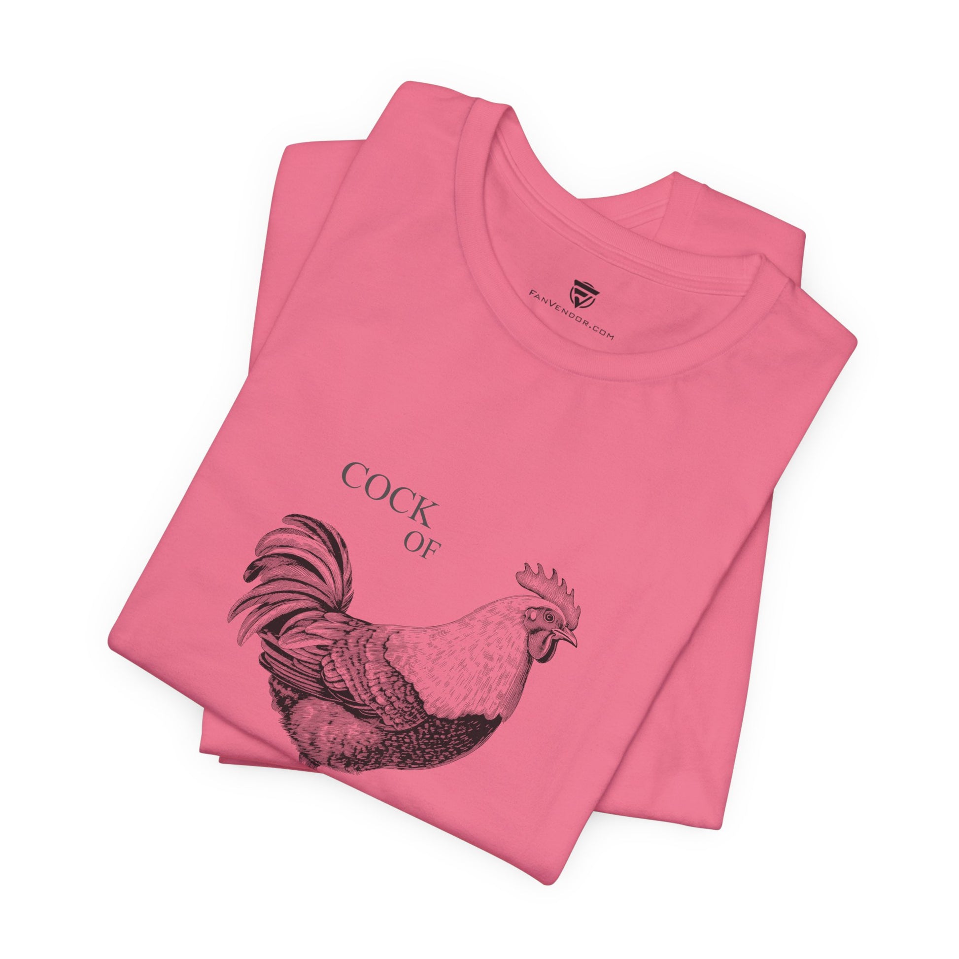 Pink t-shirt with a rooster graphic and 'Fan Vendor' text 