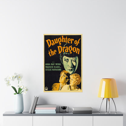 Vintage movie poster for 'Daughter of the Dragon' on a wall above a shelf with decor items.