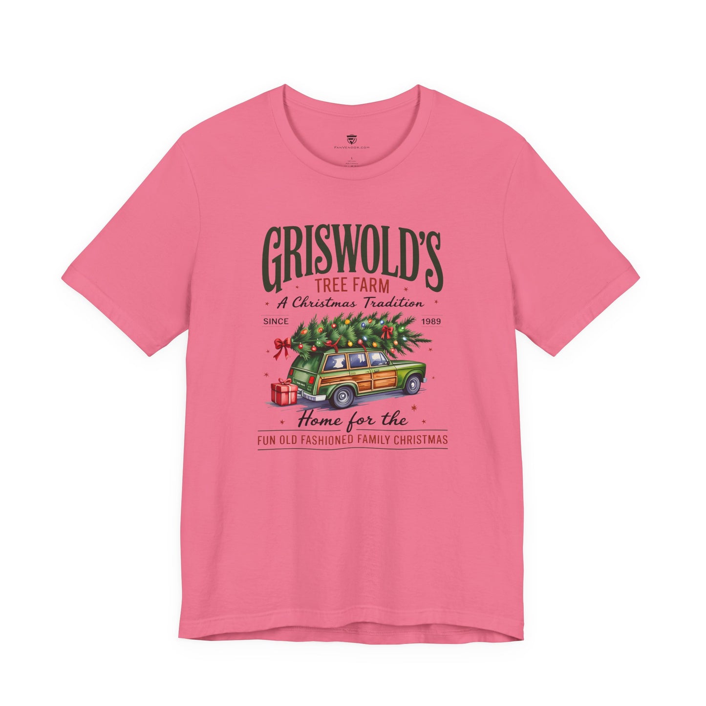 Pink t-shirt with Christmas-themed graphic and text on a white background