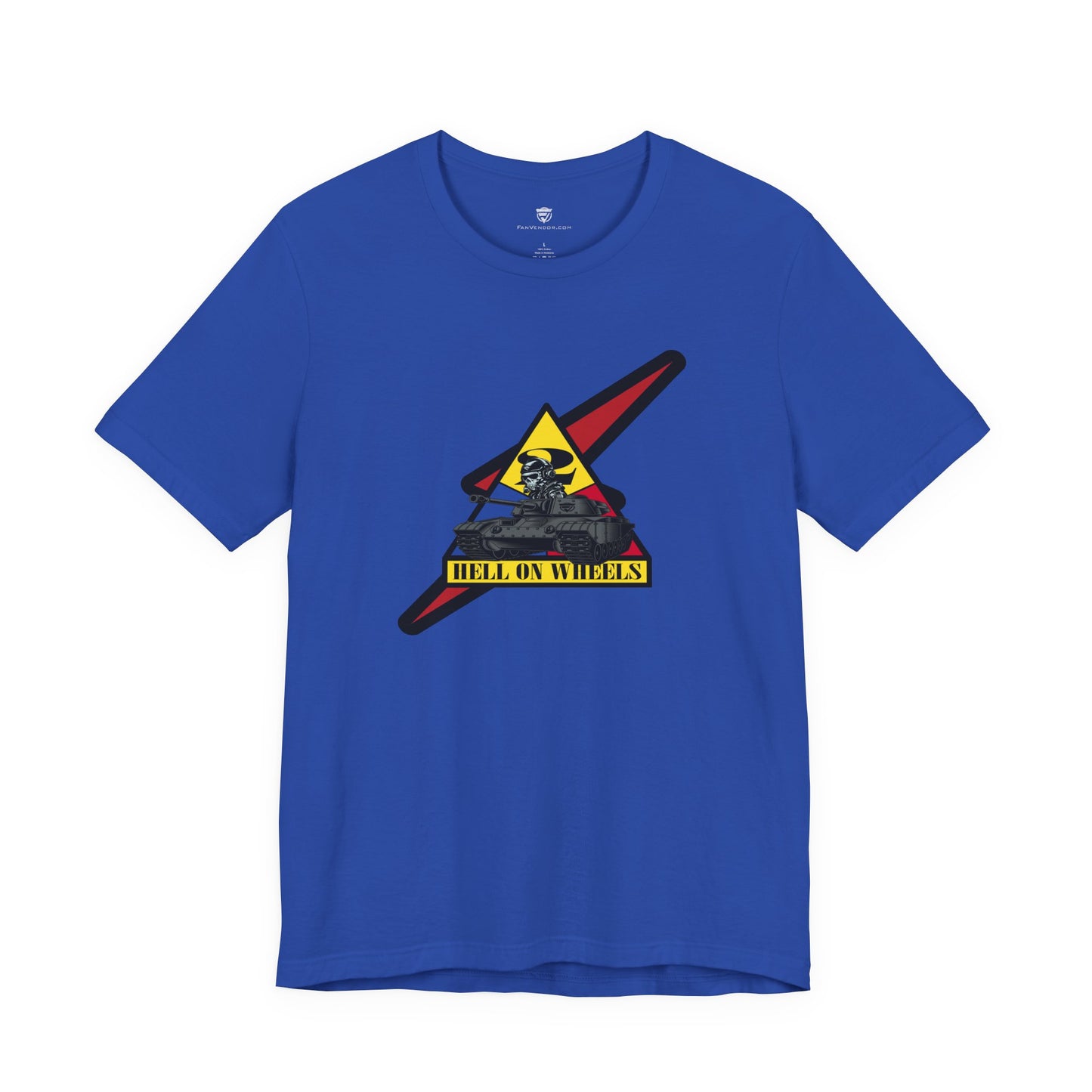 Blue t-shirt with a graphic design on a white background