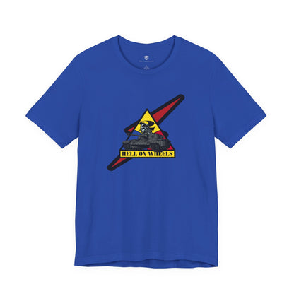 Blue t-shirt with a graphic design on a white background