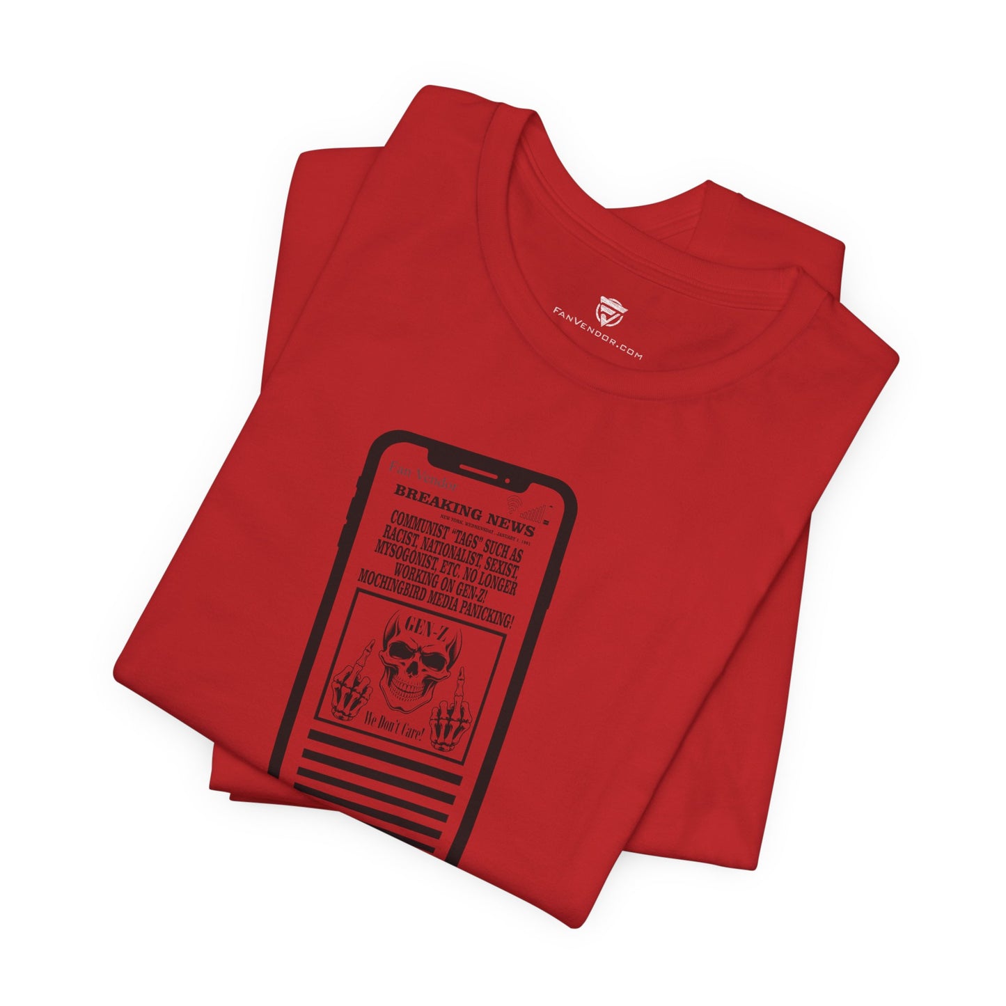 Folded red t-shirt with black graphic design on a white background