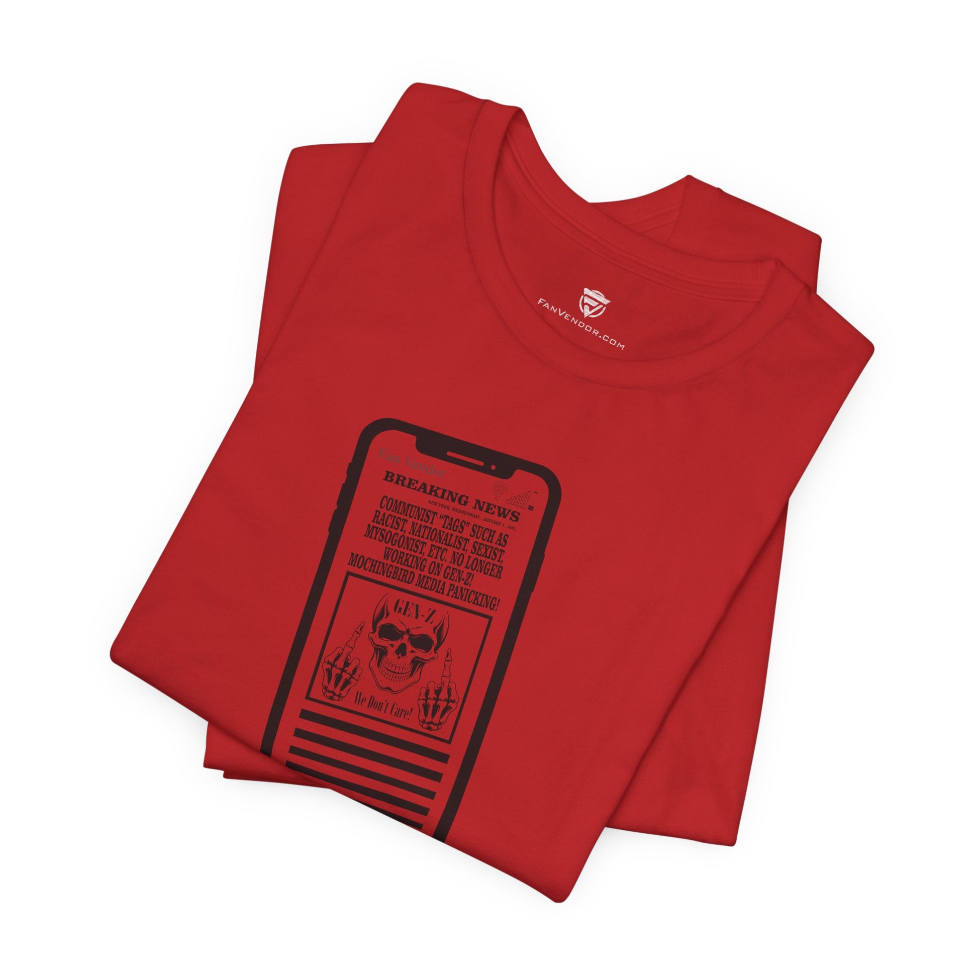 Folded red t-shirt with black graphic design on a white background