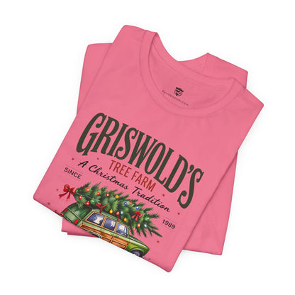 Pink t-shirt with 'Griswold's Tree Farm' design on a white background