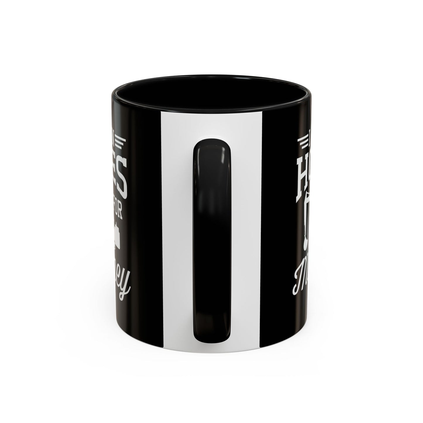 Black mug with white text and design on a white background