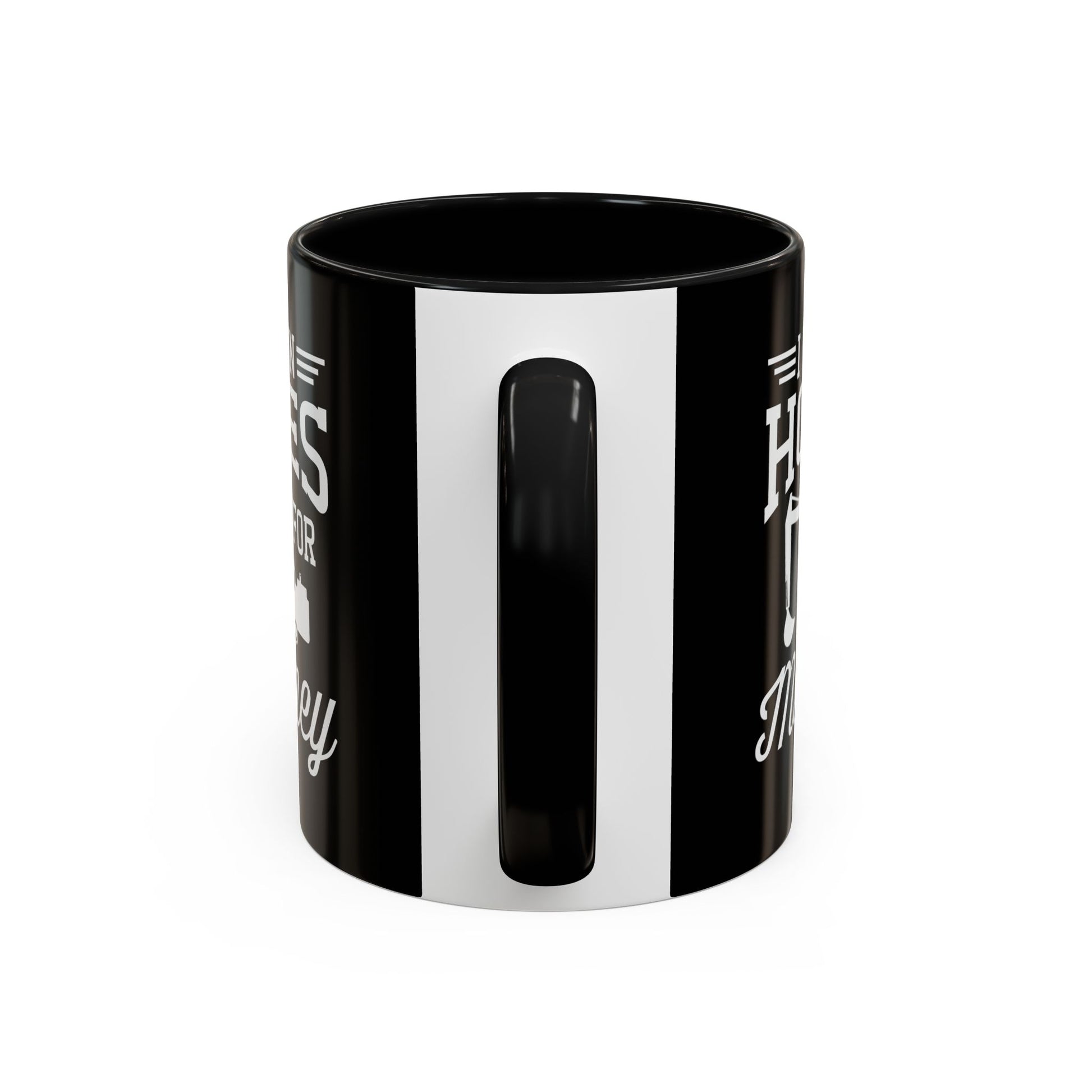 Black mug with white text and design on a white background