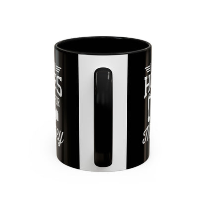 Black mug with white text and design on a white background