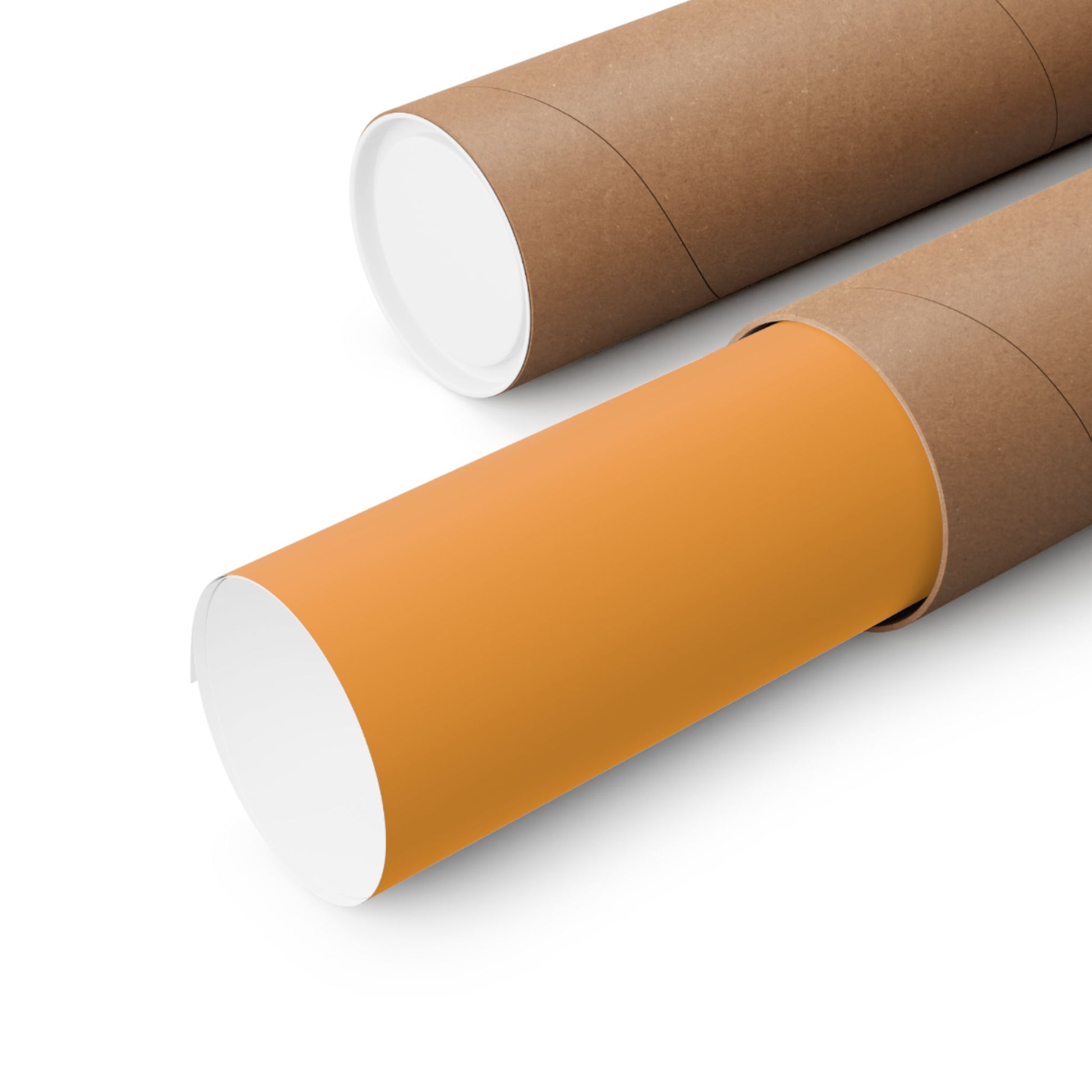Two cardboard tubes, one brown and one orange, on a white background