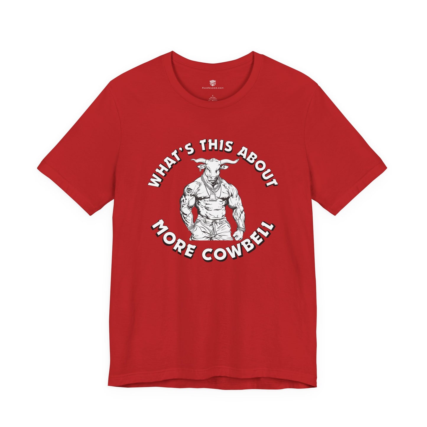 Red t-shirt with graphic of a bull and text 'What's this about more cowbell?' on a white background