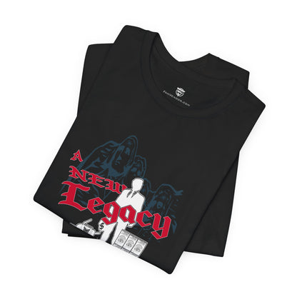 Black t-shirt with 'A New Legacy' design on a white background