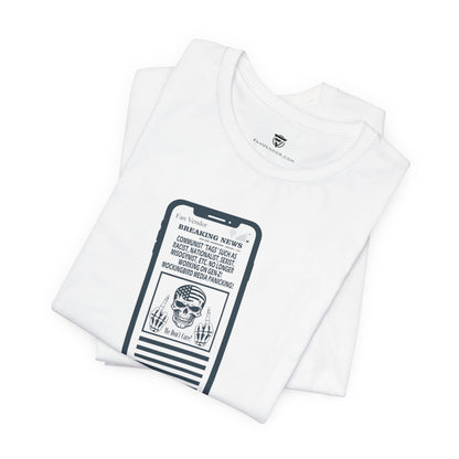 White t-shirt with a graphic design on a white background