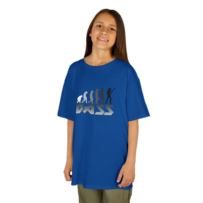Child wearing a blue t-shirt with a graphic design on a white background