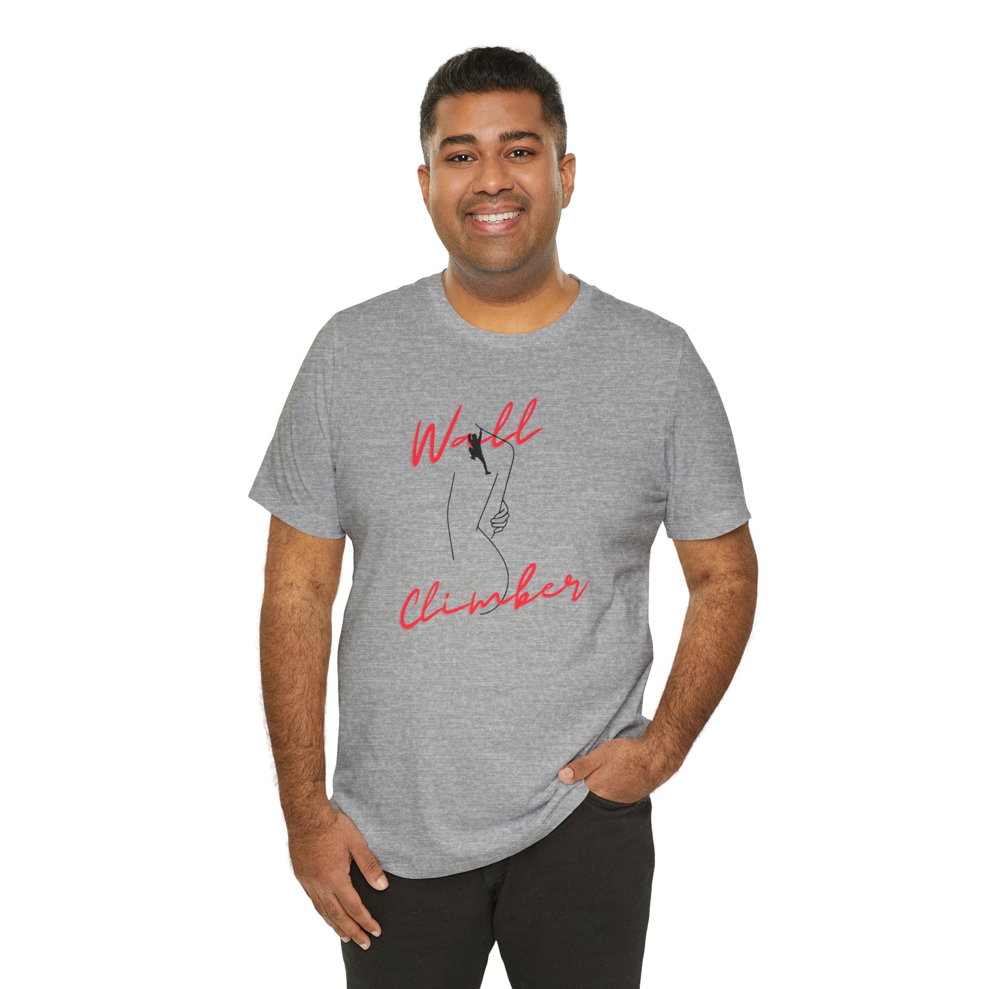 Man wearing a gray t-shirt with red text on a white background