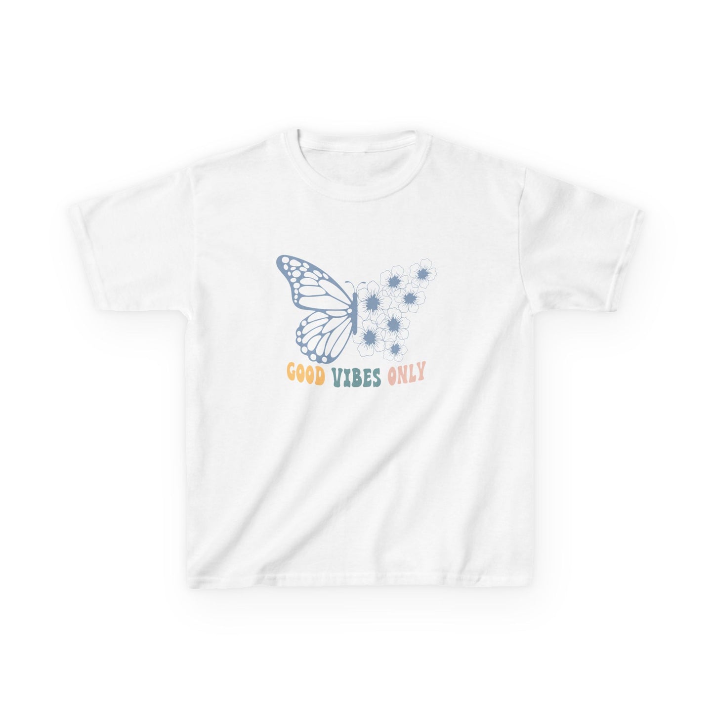 White t-shirt with a butterfly graphic and text on a white background