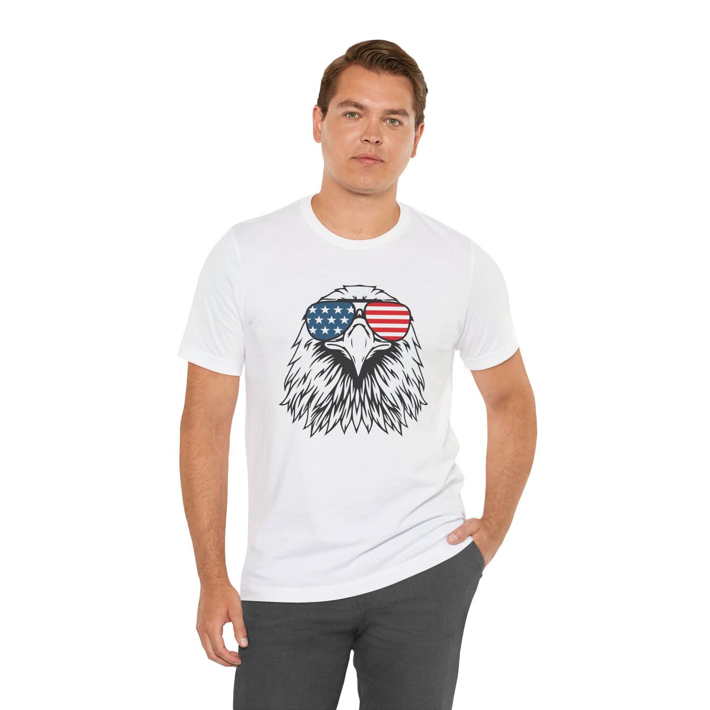 Man wearing a white t-shirt with eagle on a white background