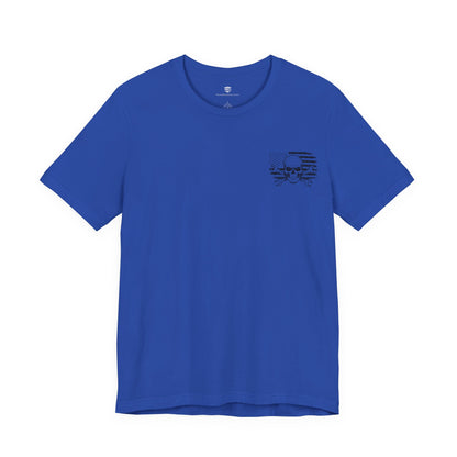 Blue t-shirt with a small graphic on the chest against a white background