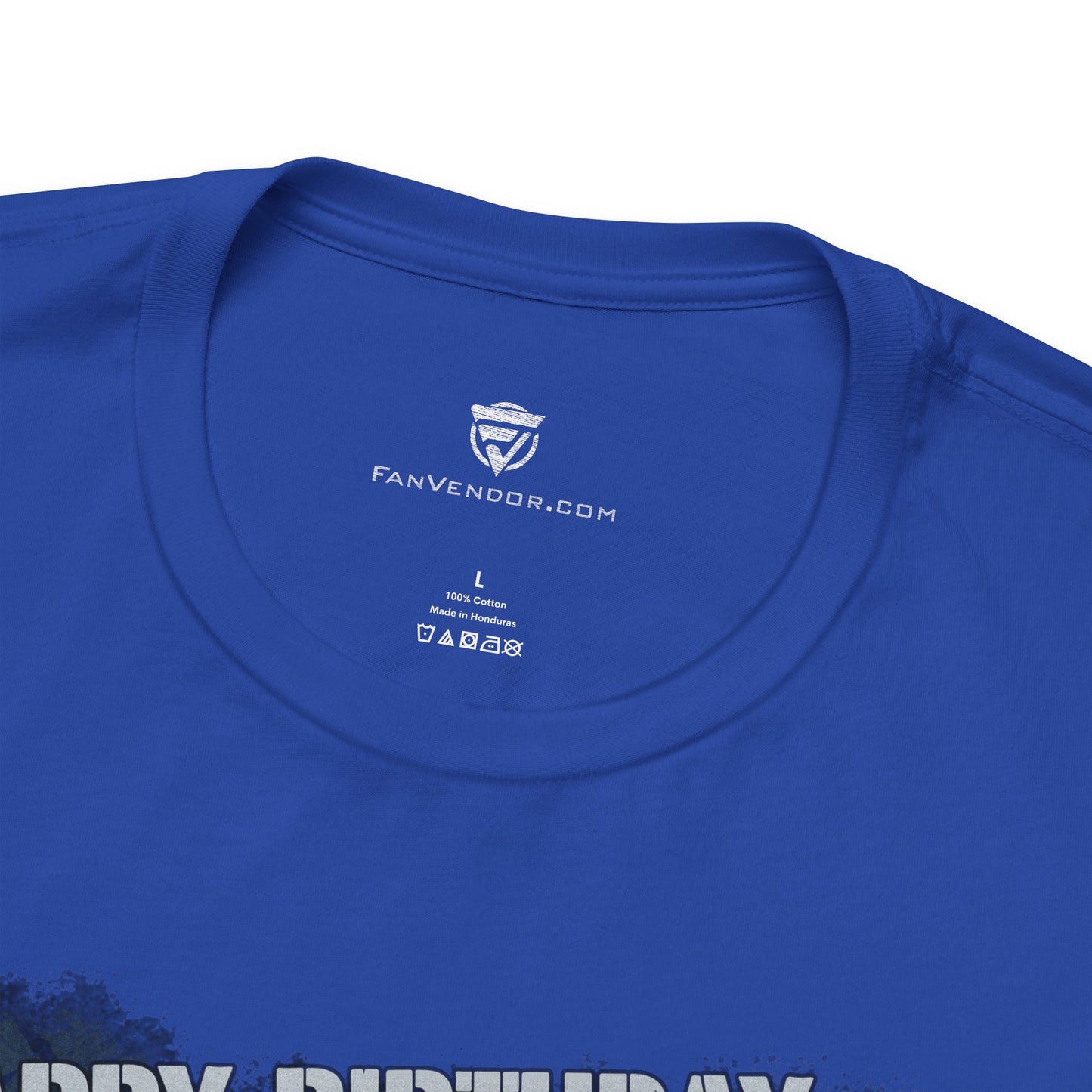 Close-up of a blue t-shirt with 'FanVendor.com' logo on the collar.