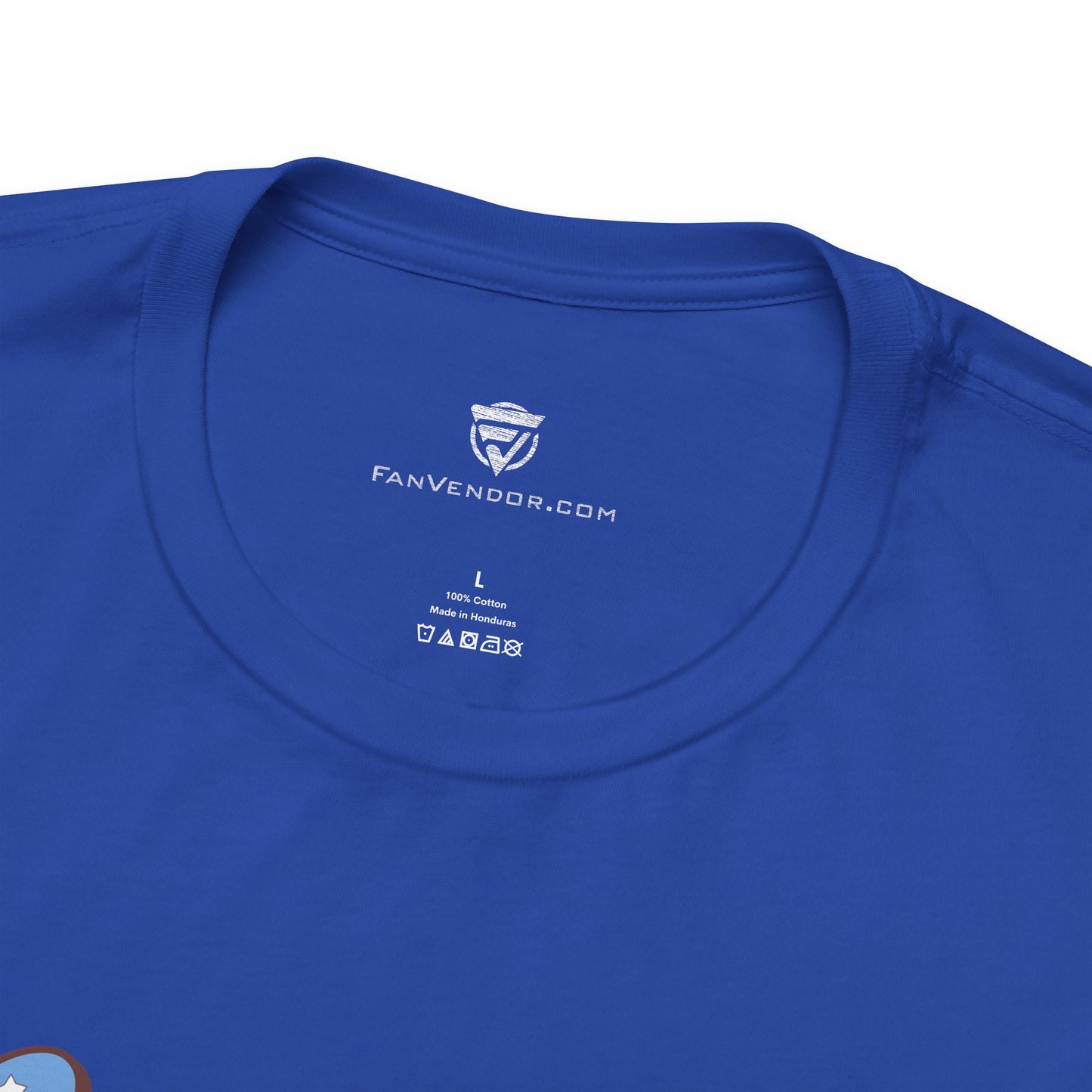Blue t-shirt with 'FanVendor.com' logo and text on a white background