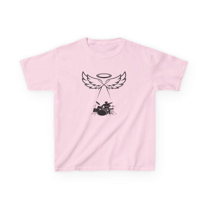 Pink t-shirt with a black graphic design on a white background