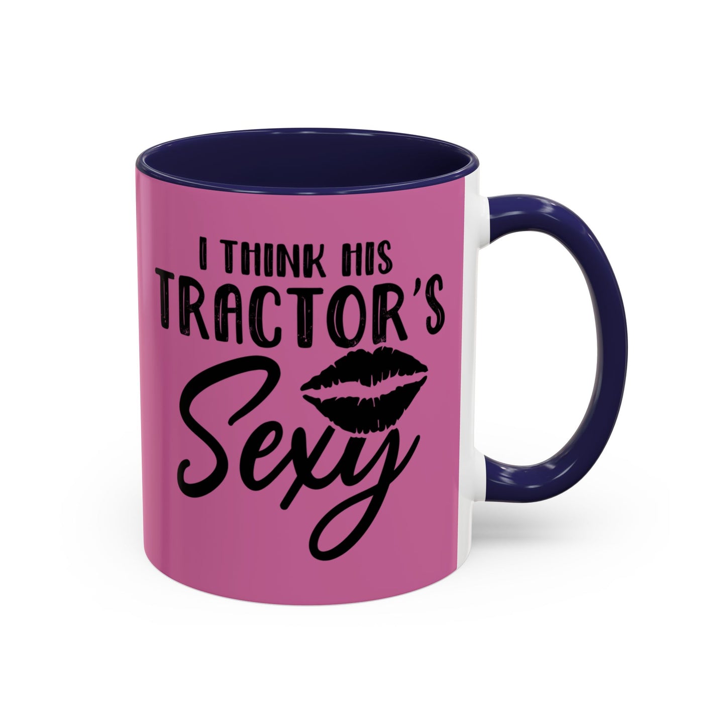 Pink mug with purple interior and handle featuring text and a lip graphic on a white background