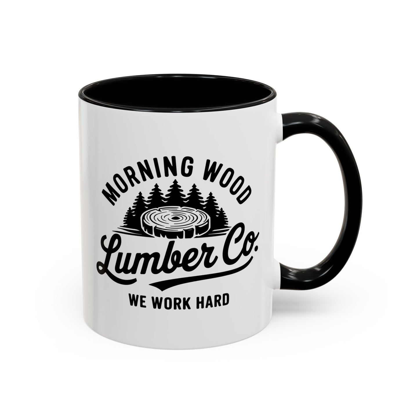 White mug with black handle featuring 'Morning Wood Lumber Co' text and logo on a white background