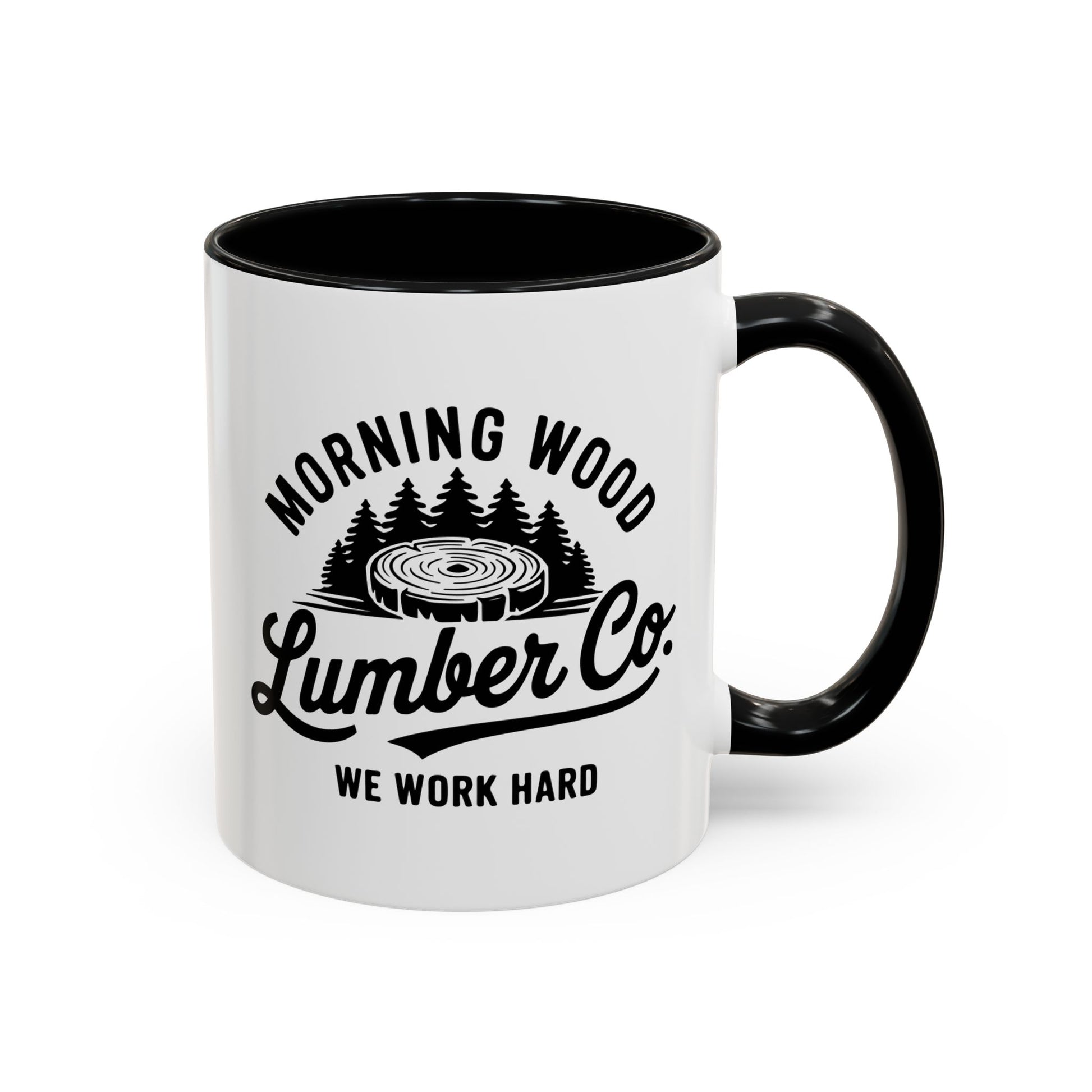 White mug with black handle featuring 'Morning Wood Lumber Co' text and logo on a white background