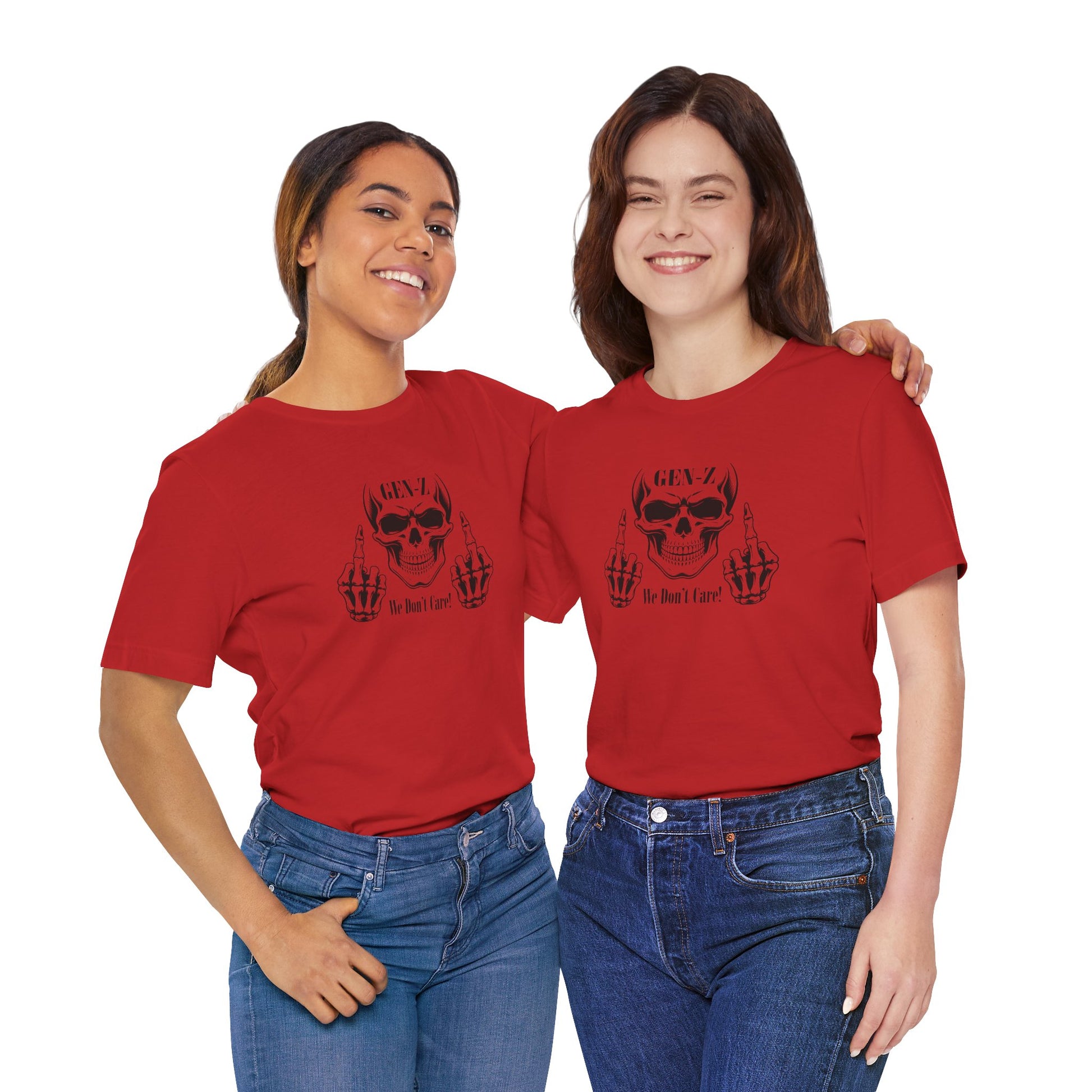 Two people wearing red t-shirts with text on a white background