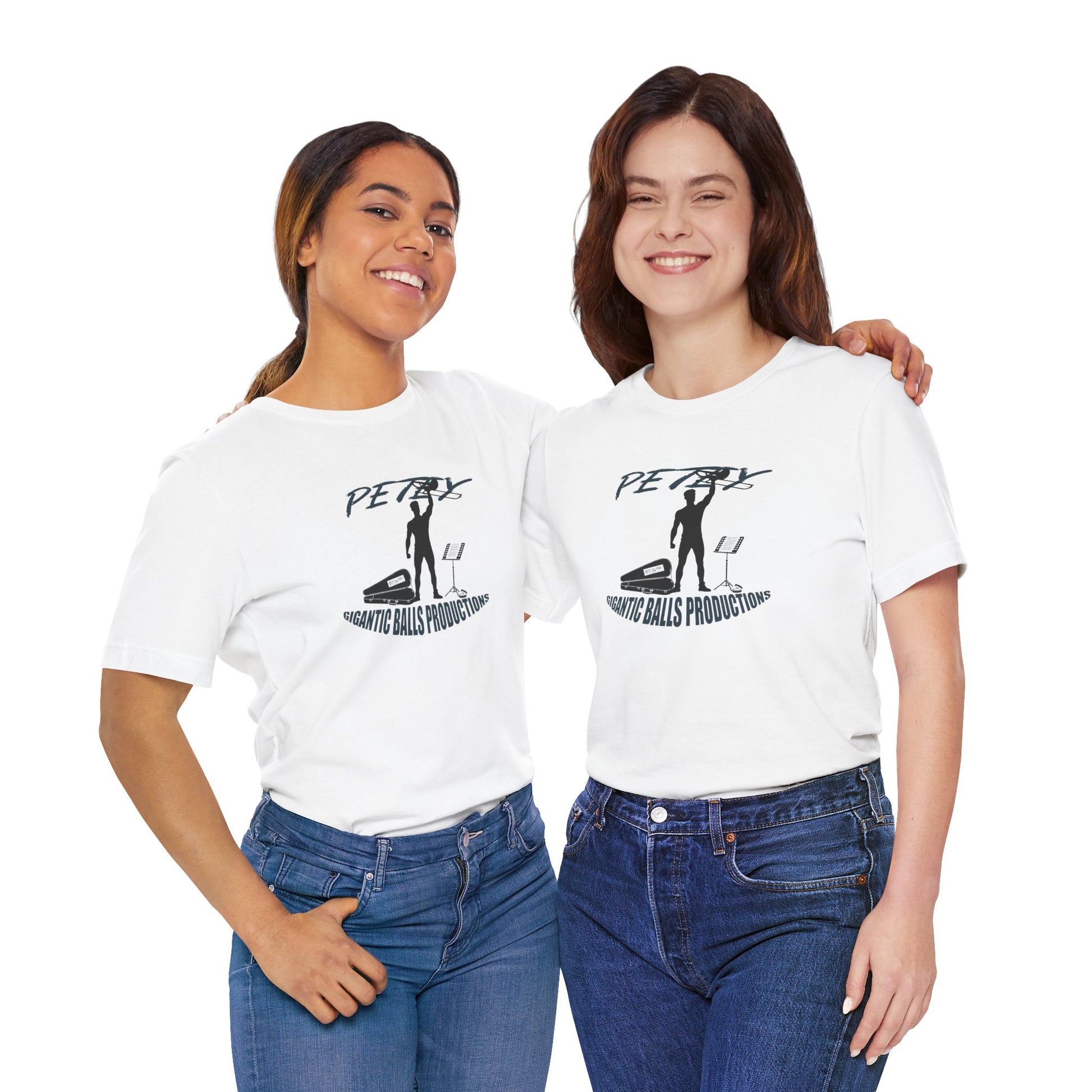Two women wearing white t-shirts with a logo and text, standing side by side against a white background.