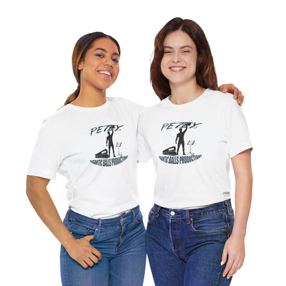 Two women wearing white t-shirts with a logo and text, standing side by side against a white background.
