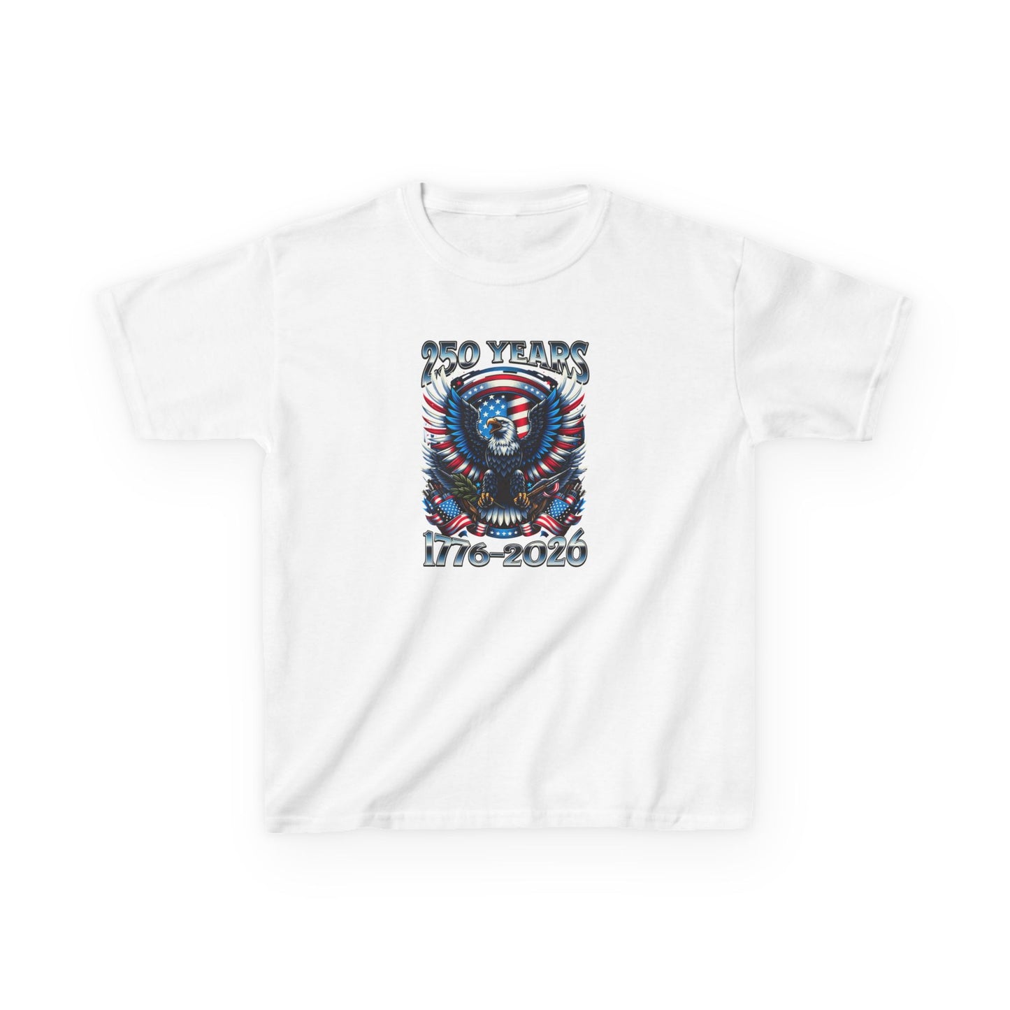 White t-shirt with a graphic design featuring an American flag and text on a white background