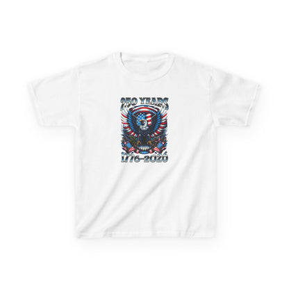White t-shirt with a graphic design featuring an American flag and text on a white background