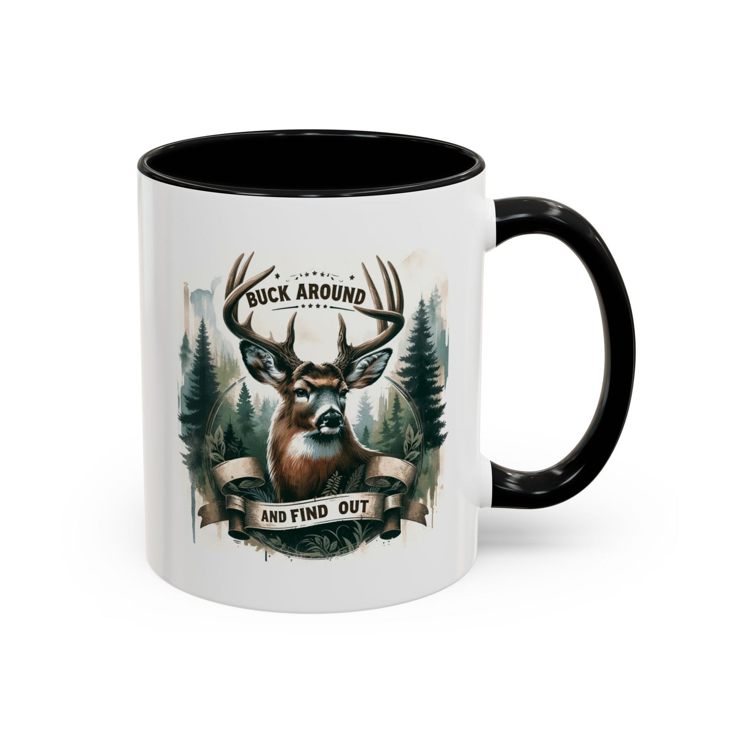 Mug with a deer design and text on a white background